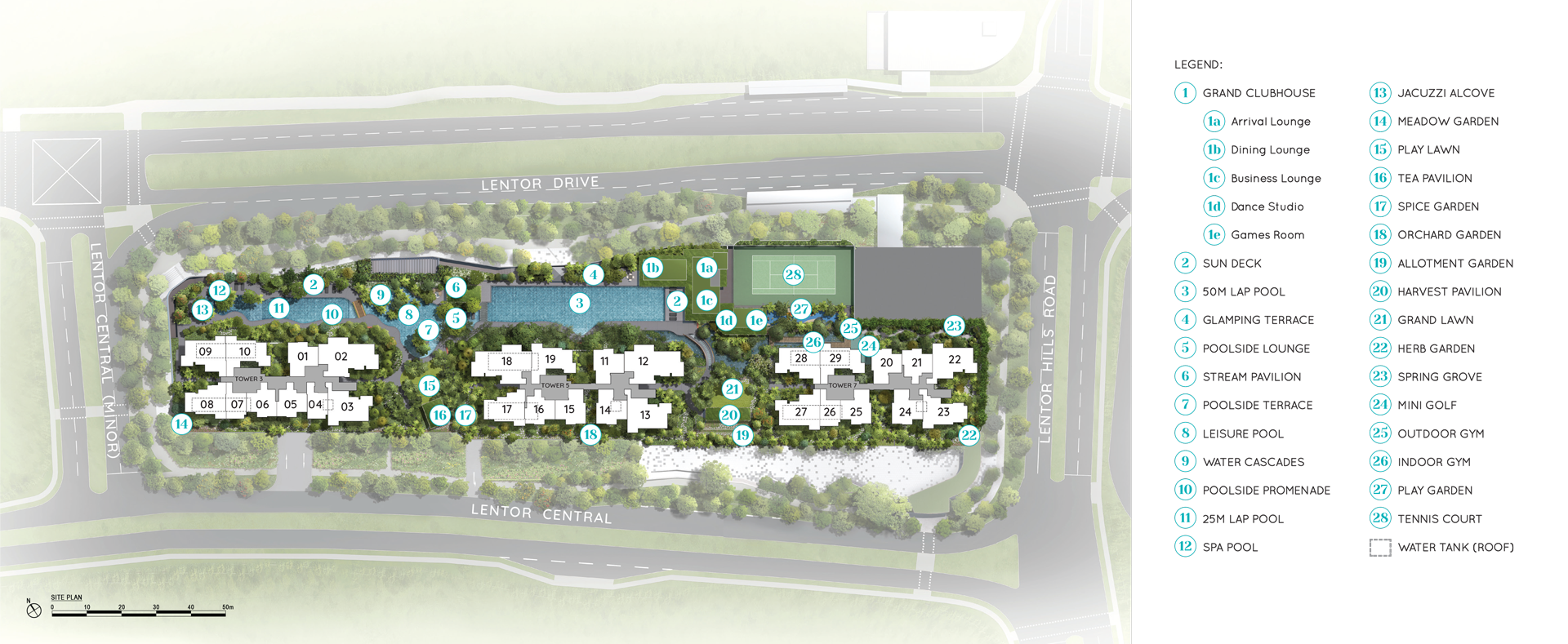 Lentor Modern level 4 site plan with towers 3, 5 and 7, stacks and facilities